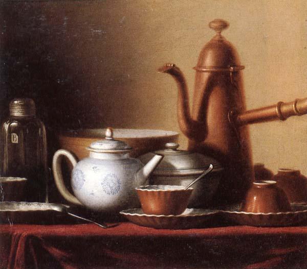 unknow artist Still life of a chocolate pot,teapot,sucrier,bowl,teajar,tea cups and saucers,and silver spoons,all upon a draped table top